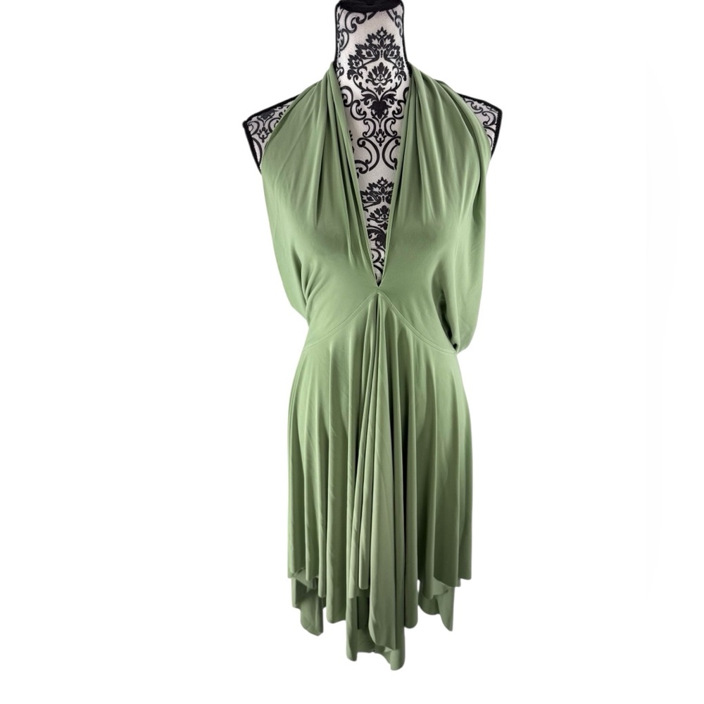 Norma Kamali Convertible Handkerchief Dress Sage Green Multi-Way Halter Cocktail - Picture 5 of 10